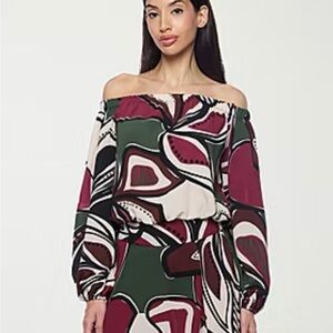 Premier Amour Off The Shoulder Floral Womens Straight Neck Long Sleeve Blouse